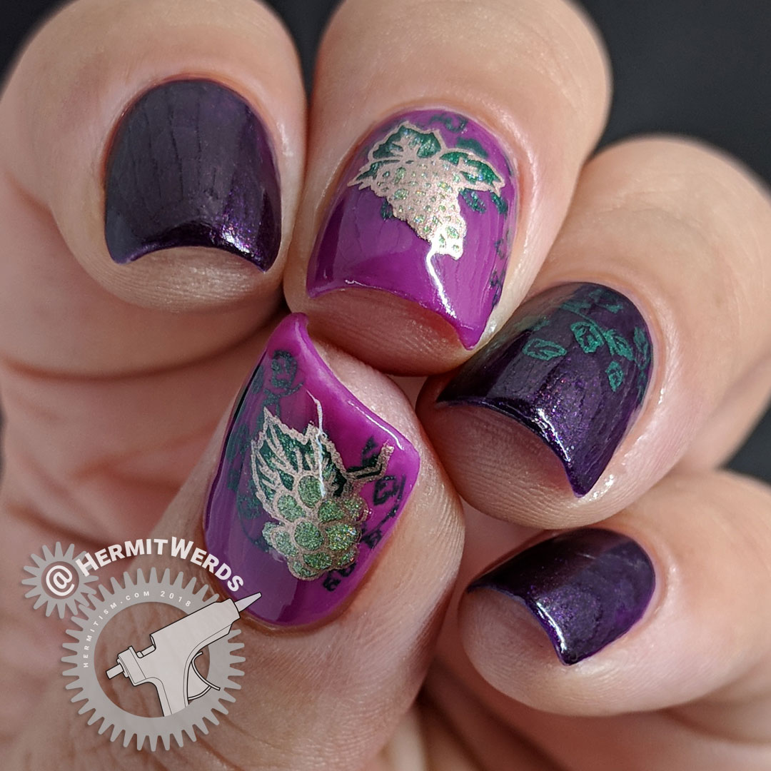 Grape Vine - Hermit Werds - purple grape-colored nail art with green grape decals and grape vines
