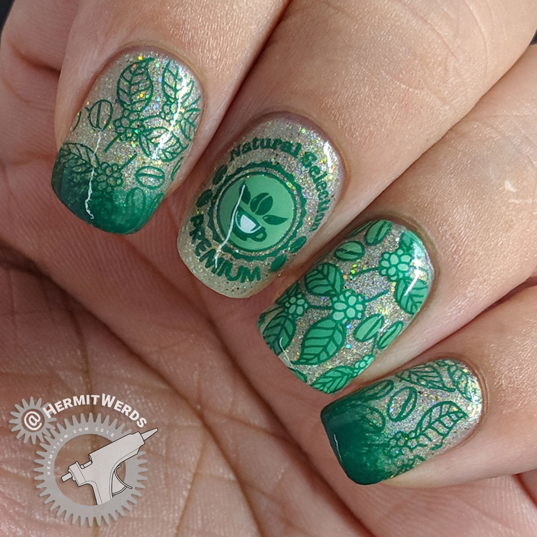 Green Coffee - Hermit Werds - holographic green coffee nail art with coffee berry bush