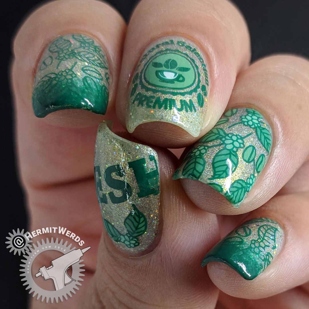 Green Coffee - Hermit Werds - holographic green coffee nail art with coffee berry bush