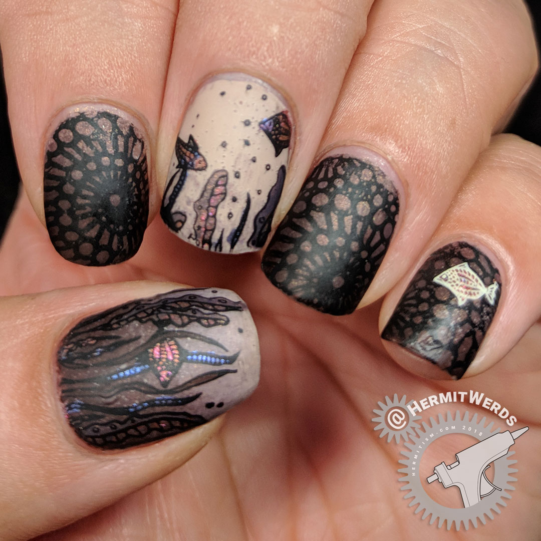 Life in the Sea(weed) - Hermit Werds - brown ocean bottom nail art with duo-crhome seaweed and fish