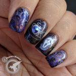 Thankfully Halloween - Hermit Werds - purple magnetic polish with spooky stamping (spider, ghouls, bats, haunted house) on top