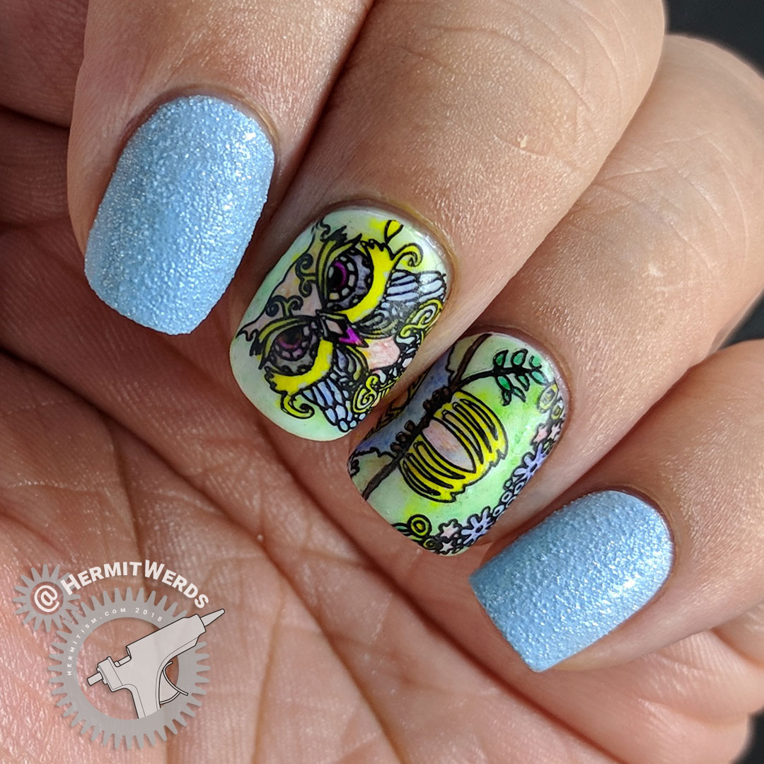 Ornamental Owl - Hermit Werds - autumn owl in spring pastels with light blue textured polish