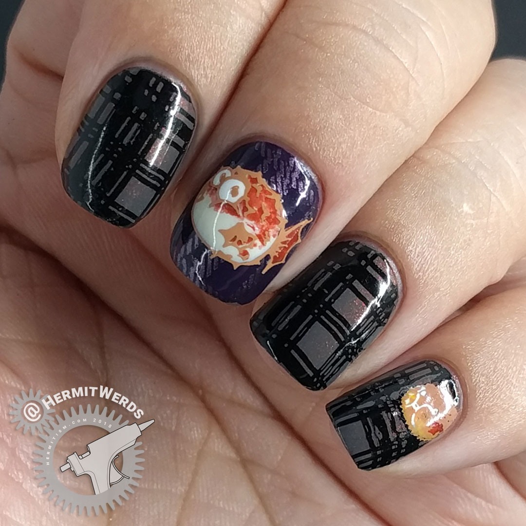 Pass the Puffer Fish - Hermit Werds - purple and grey plaid nail art with puffer fish decals on top