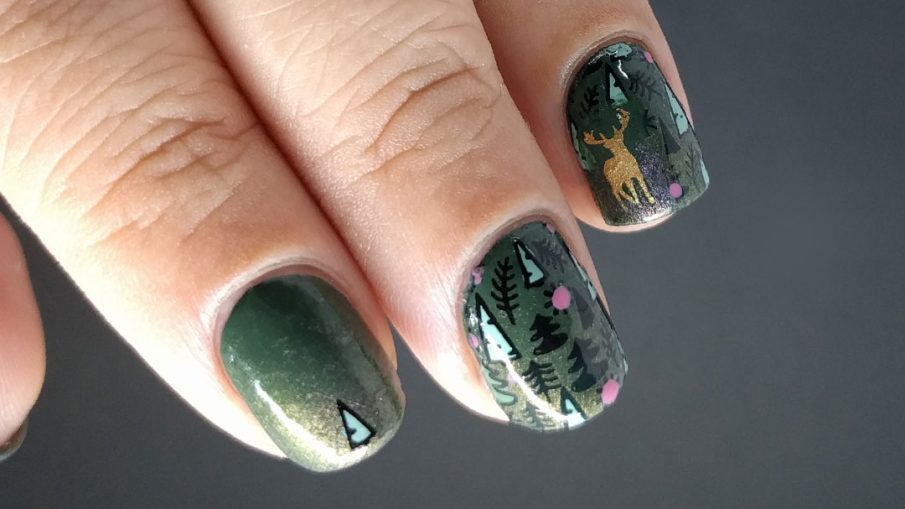 Summer Woodland - Hermit Werds - green woodland nail art with bronze deer and flowers