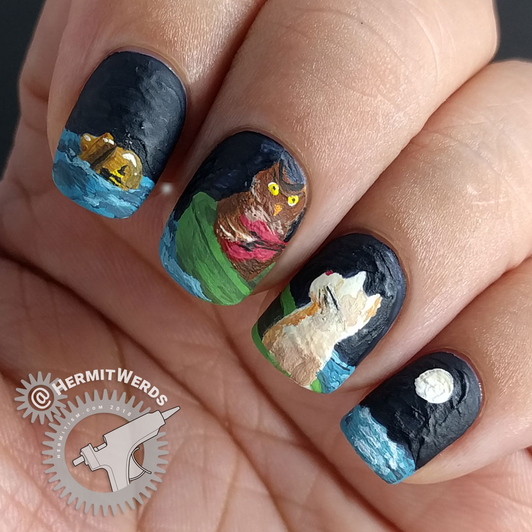 The Owl and the Pussycat (no top coat) - Hermit Werds - Freehand nail art of The Owl and the Pussycat by Lear with acrylic paints. The owl and the pussycat at sea in their pea green boat.