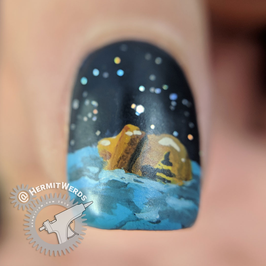 The Owl and the Pussycat (no top coat) - Hermit Werds - Freehand nail art of The Owl and the Pussycat by Lear with acrylic paints. The honey pot floating in the sea.