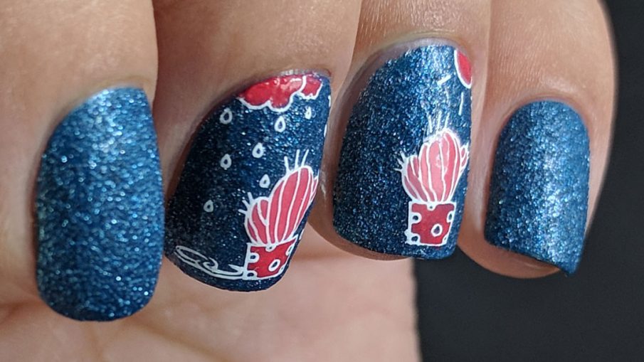 Water My Cactus - Hermit Werds - dark blue, pink, and coral nail art with a cactus in both the rain and the sunshine
