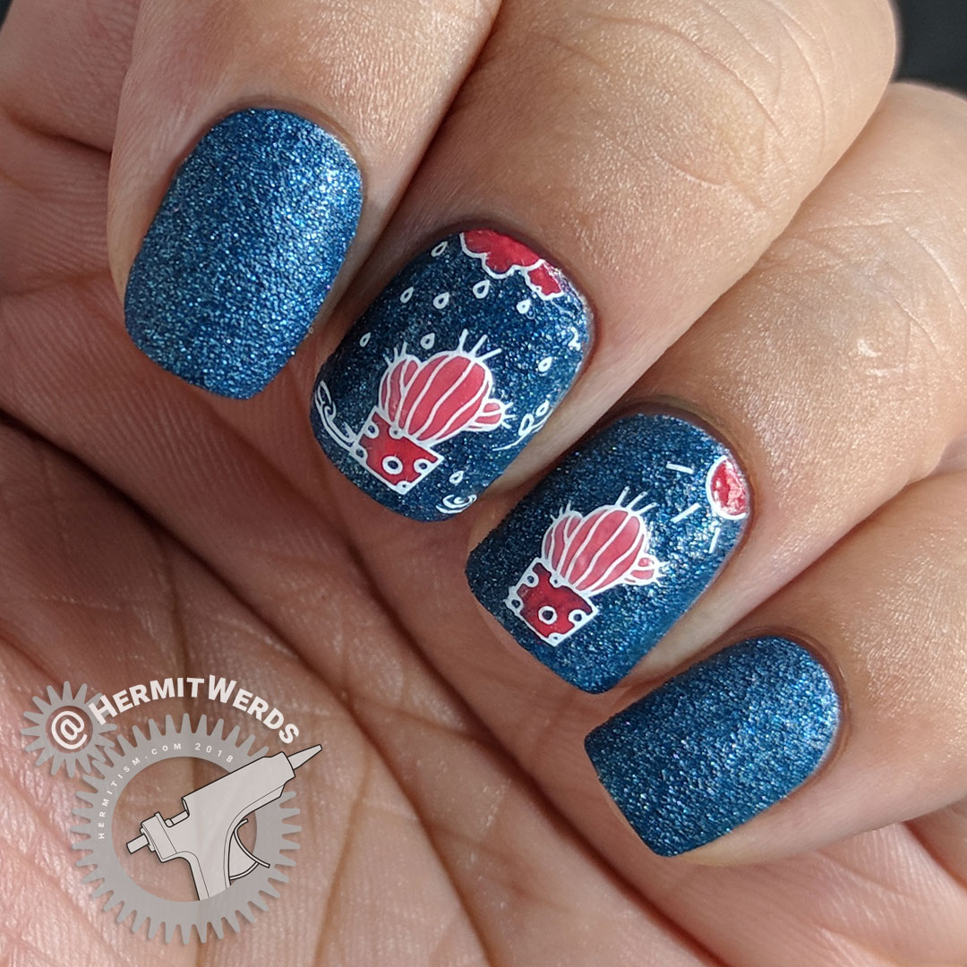 Water My Cactus - Hermit Werds - dark blue, pink, and coral nail art with a cactus in both the rain and the sunshine