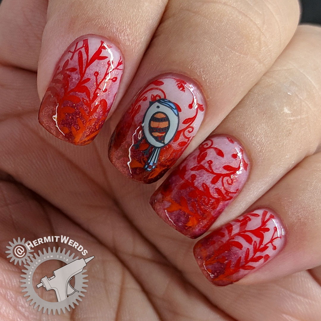 Birds of Fall - Hermit Werds - nail art of a sweet little fall birds on a duochrome red leaf background
