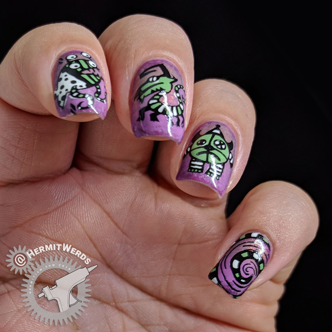 Creepy Carnival - Hermit Werds - carousel monster stamping decals to ride when visiting the creepy carnival on a shimmery purple background