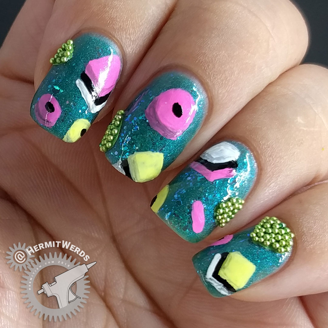 Gourmet Licorice - Hermit Werds - bright teal jelly sandwich nails with gourmet licorice freehand painted on top