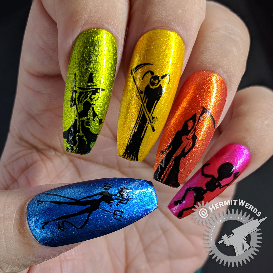 Halloween Silhouettes - Hermit Werds - long, tall stamped silhouettes of a witch, devil, demon, skeleton, and witch on metallic rainbow coffin falsies