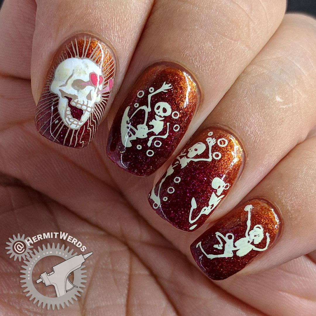 Hunka Hunka Skeleton - Hermit Werds - nail art featuring hunky skeletons showing off for interested skull stamped over a copper and red gradient
