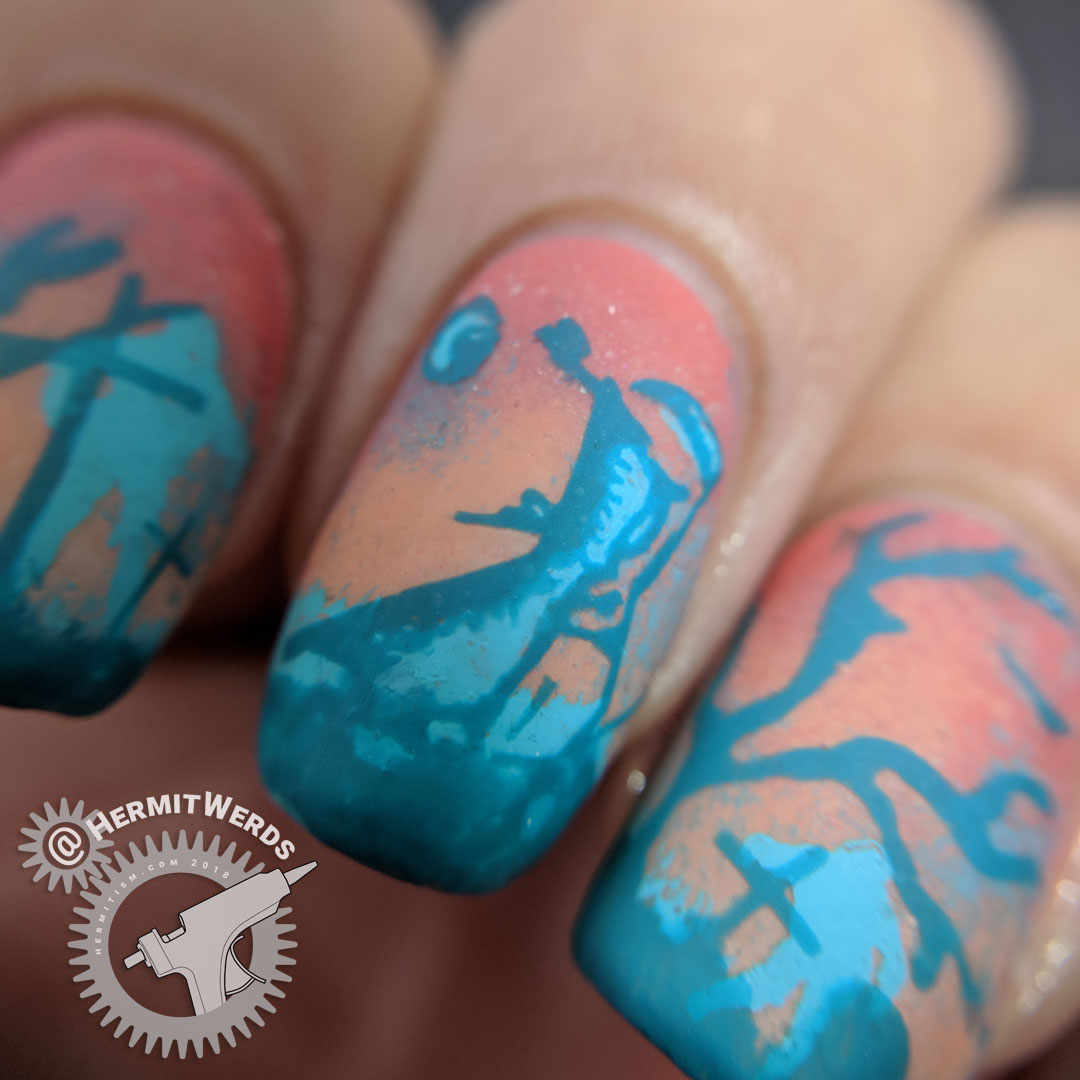 The Graveminder (macro) - Hermit Werds - salmon pink and teal nail art of a graveyard with a reaper attendant and zombies lurching in the background