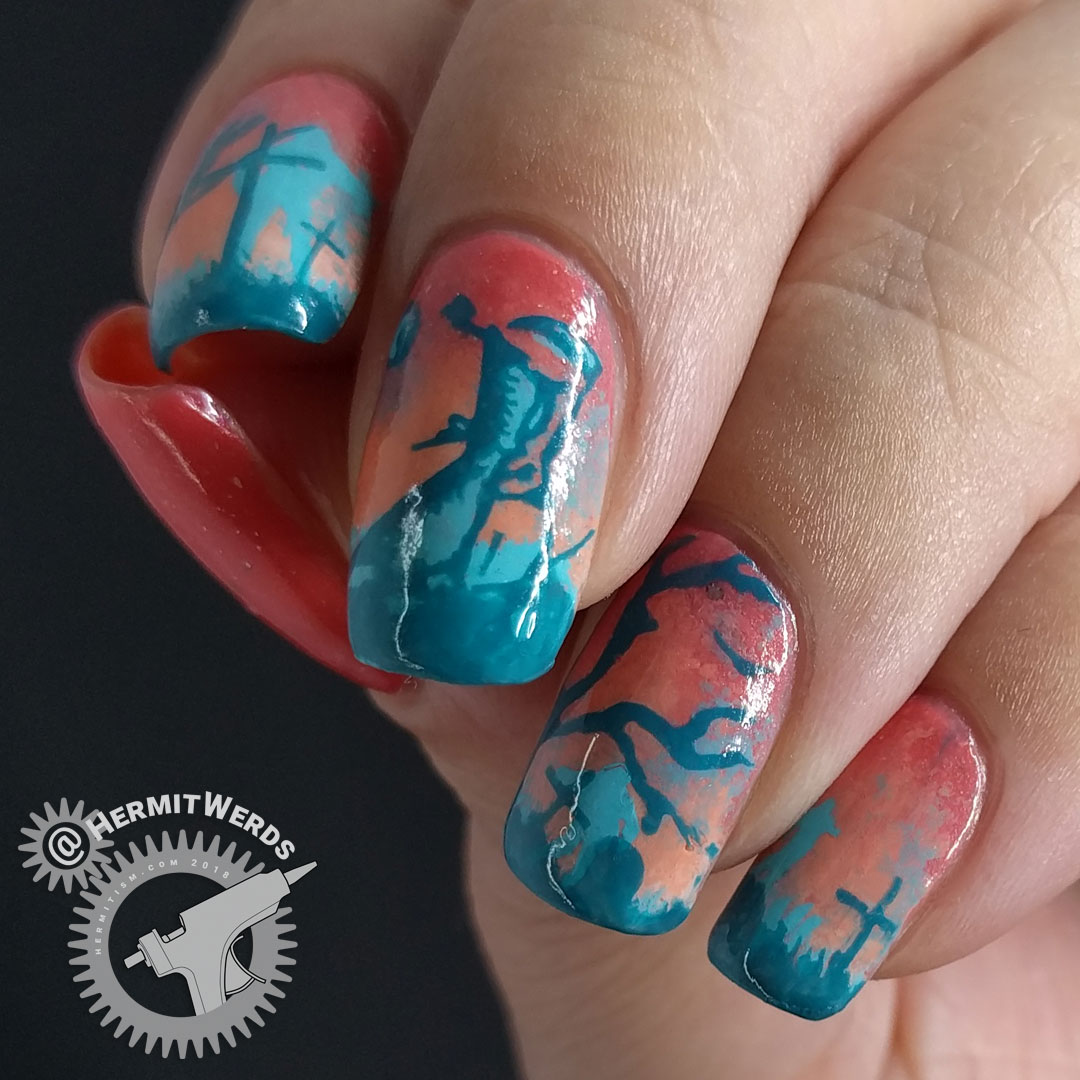 The Graveminder (glossy) - Hermit Werds - salmon pink and teal nail art of a graveyard with a reaper attendant and zombies lurching in the background