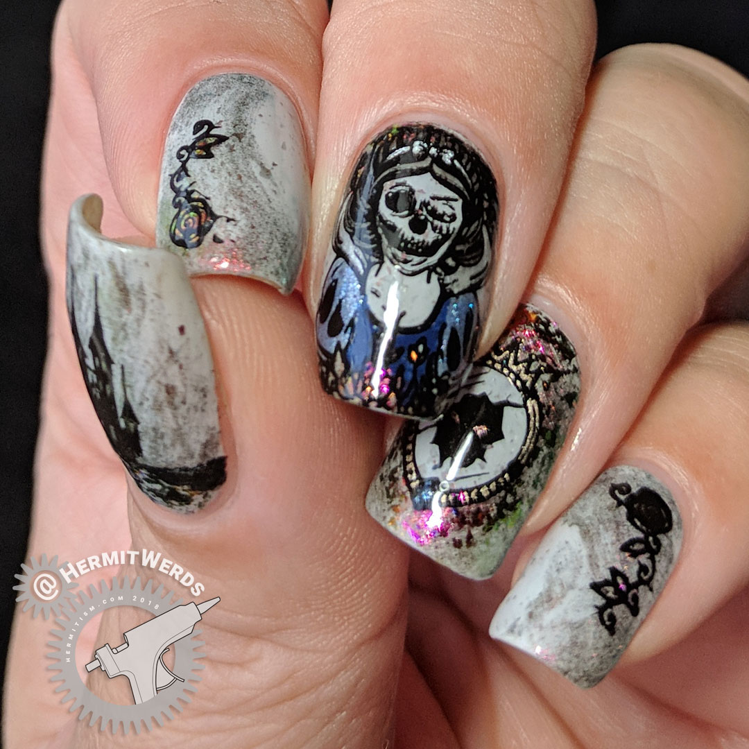 Tomb of Snow White - Hermit Werds - horror-themed Snow White nails featuring skeleton of Snow White and her funeral flowers on a grey and black nail art with rose to green to gold flakies and shimmer