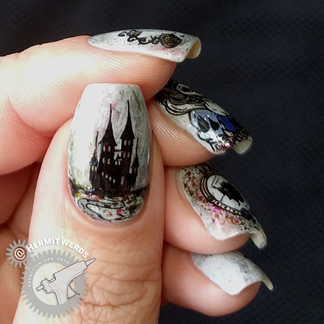 Tomb of Snow White - Hermit Werds - horror-themed Snow White nails featuring skeleton of Snow White and her funeral flowers on a grey and black nail art with rose to green to gold flakies and shimmer