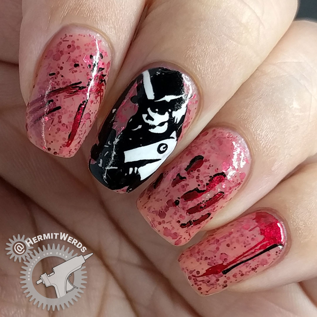 Witch of Slaughter - Hermit Werds - nail art of a lack and white skull-faced witch with bloody stamping on China Glaze's morbid "Don't Let the Dead Bite"