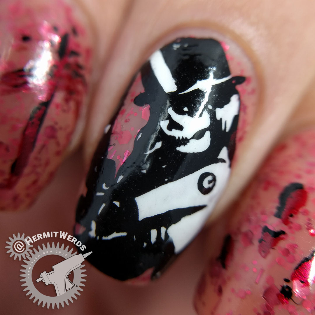 Witch of Slaughter - Hermit Werds - nail art of a lack and white skull-faced witch with bloody stamping on China Glaze's morbid "Don't Let the Dead Bite"
