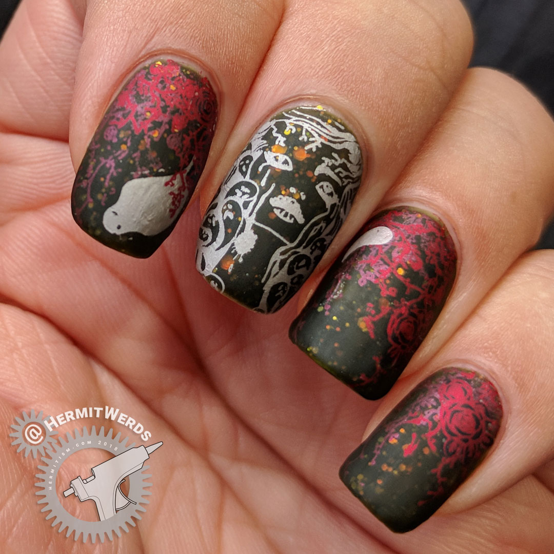 Witch of Spirits - Hermit Werds - an olive green jelly with opalescent glitter and ghosts and roses stamped on top