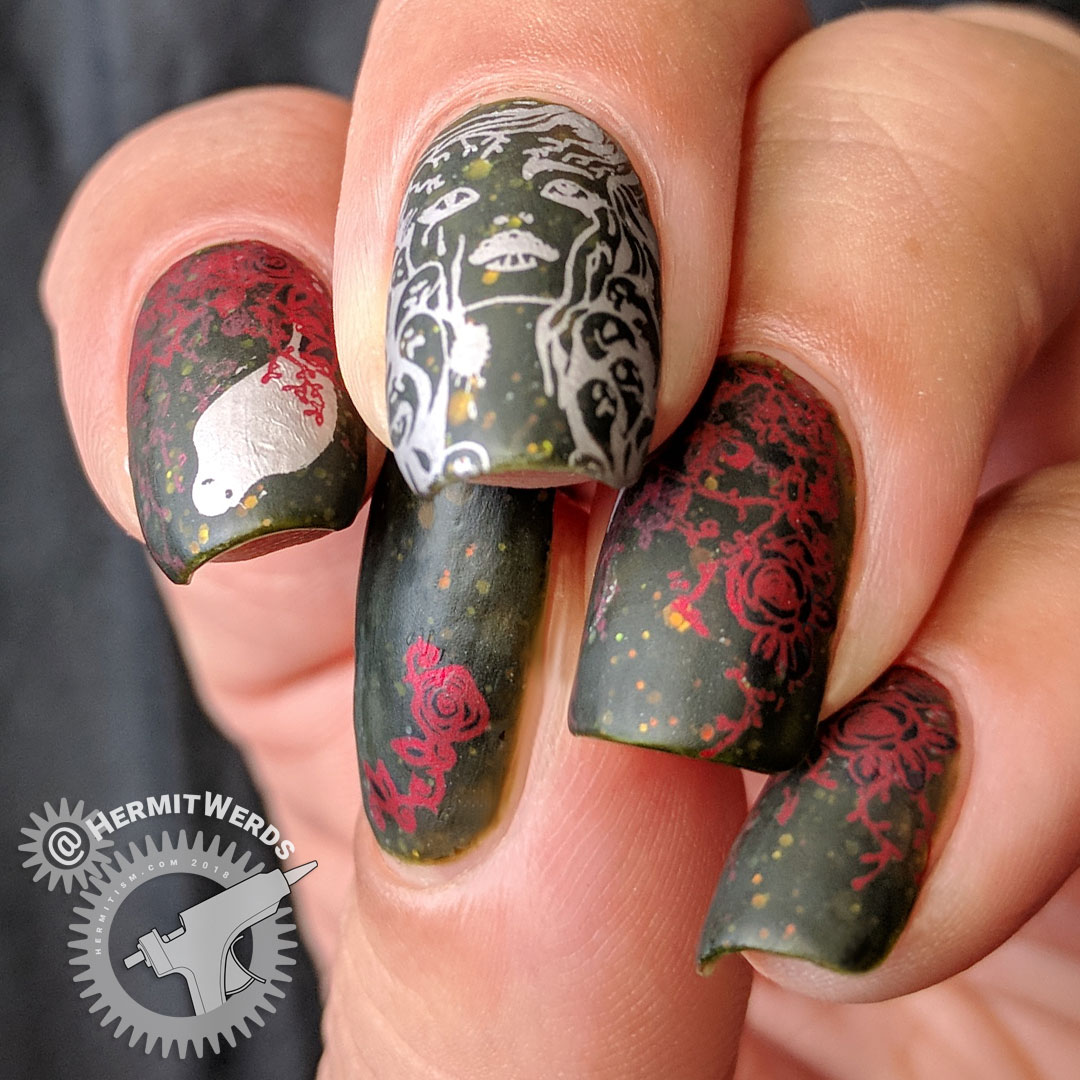 Witch of Spirits - Hermit Werds - an olive green jelly with opalescent glitter and ghosts and roses stamped on top