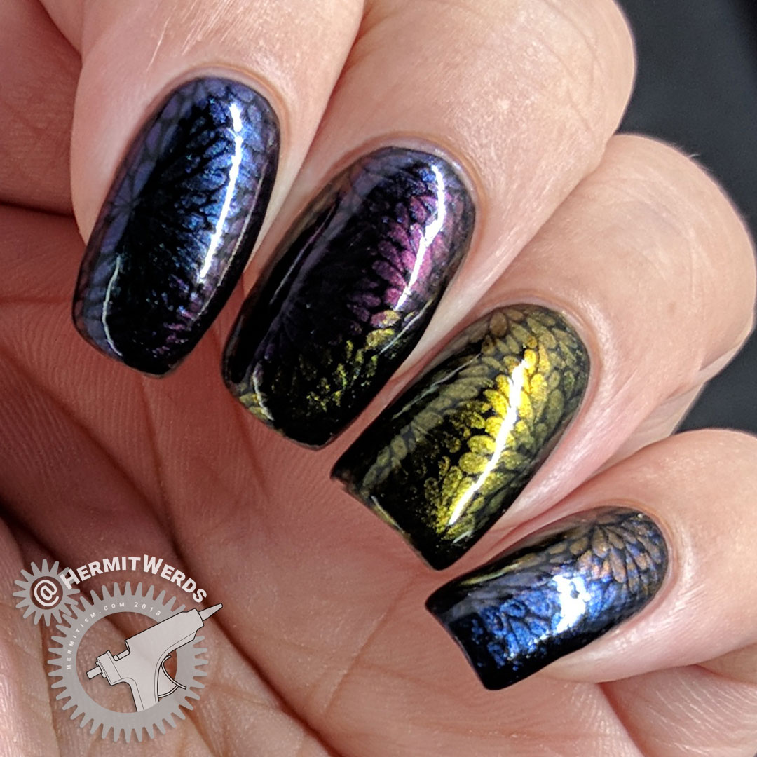 Duochrome Floral - Hermit Werds - five different duochromes stamped in a floral pattern on black
