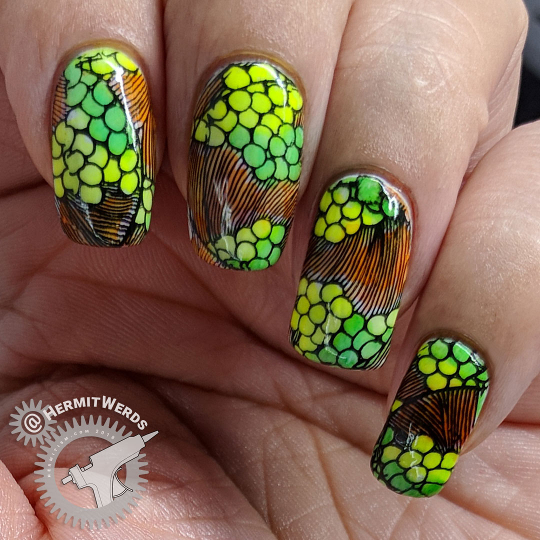 Sharon's Birthday Recreation - orange and green nail art of an oriental print representing abstract grapes and filled in with sharpie marker ink