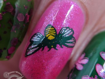 Busy Bees 2.0 - Hermit Werds - pink and green nail art featuring bee and pink cone flower stamping decals
