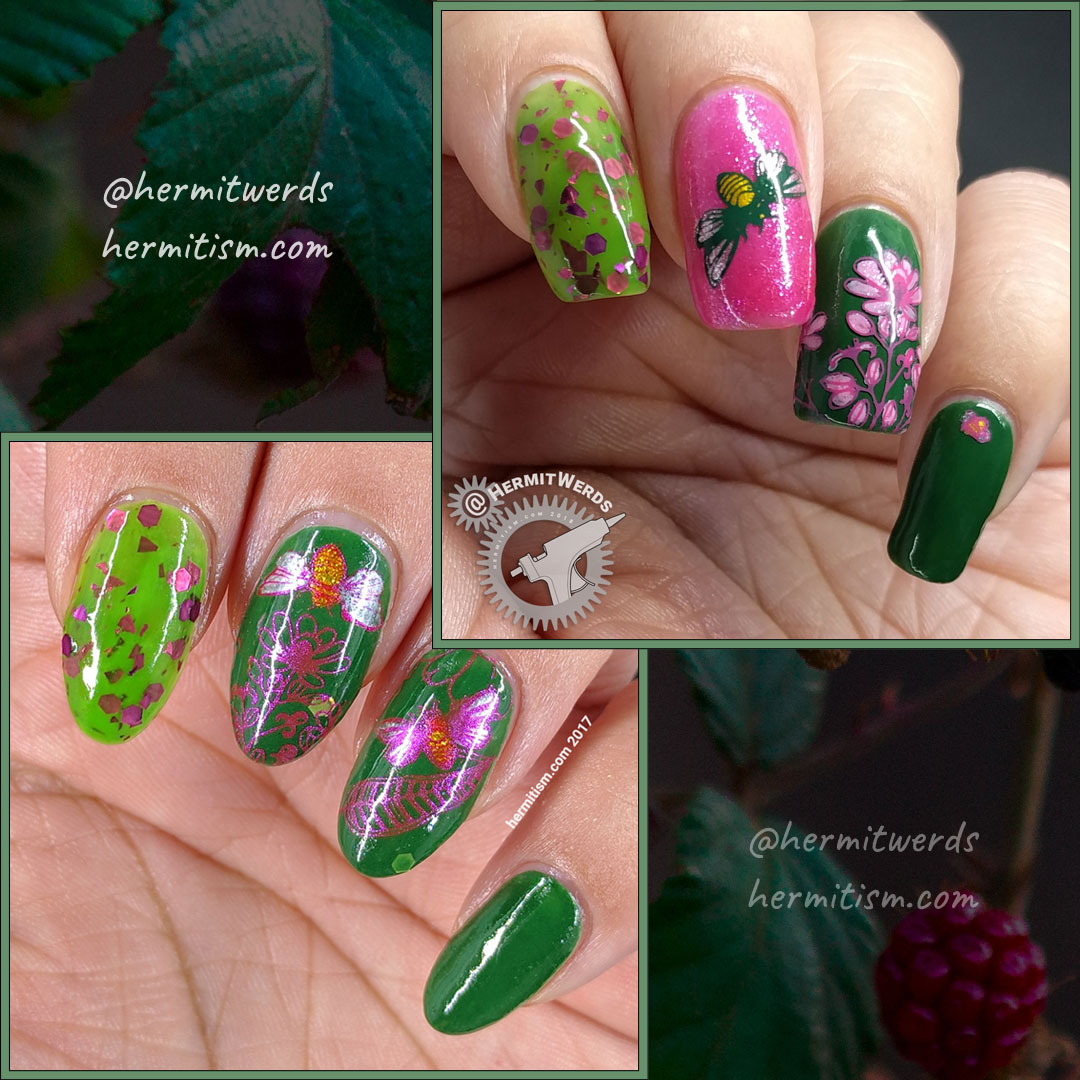 Busy Bees 2.0 - comparison - Hermit Werds - ecreation comparison of a pink and green nail art featuring bee and pink cone flower stamping decals