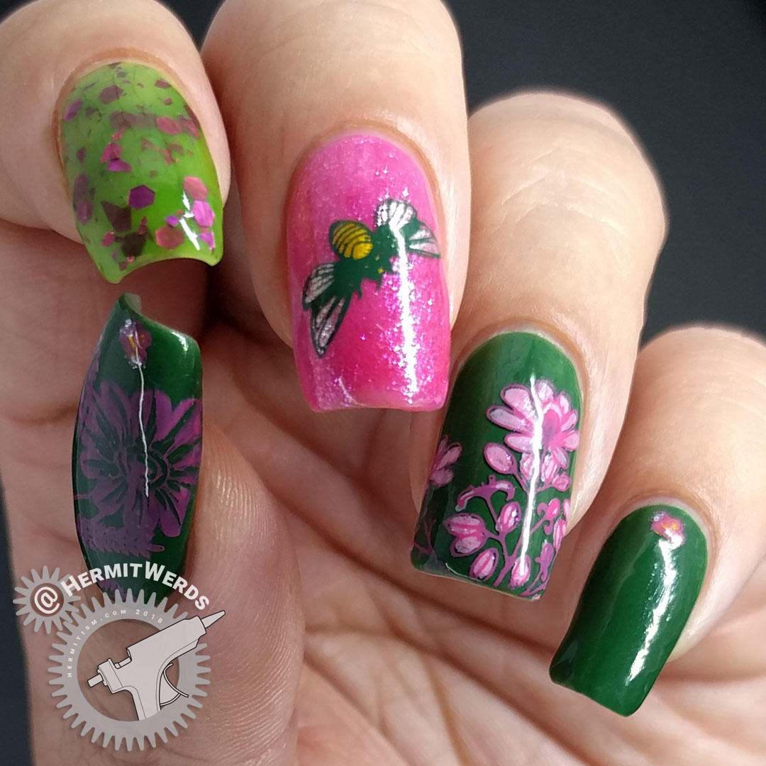 Busy Bees 2.0 - Hermit Werds - pink and green nail art featuring bee and pink cone flower stamping decals