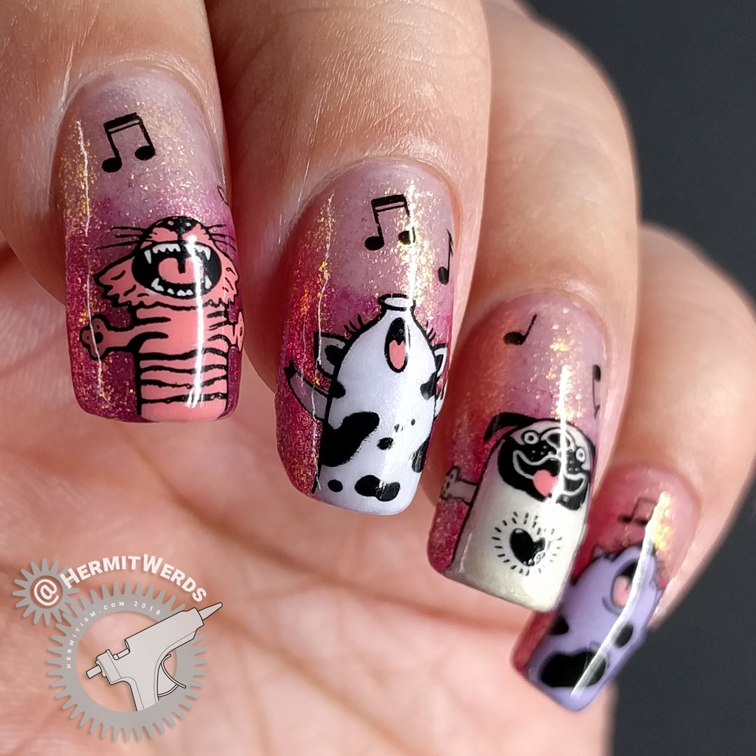 Christmas Carolers - Hermit Werds - nail art of a pig, a pug (dog), two cats, and a sheep singing Christmas carols against a shimmery background in purple to orange to raspberry tones