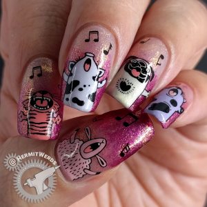 Christmas Carolers - Hermit Werds - nail art of a pig, a pug (dog), two cats, and a sheep singing Christmas carols against a shimmery background in purple to orange to raspberry tones