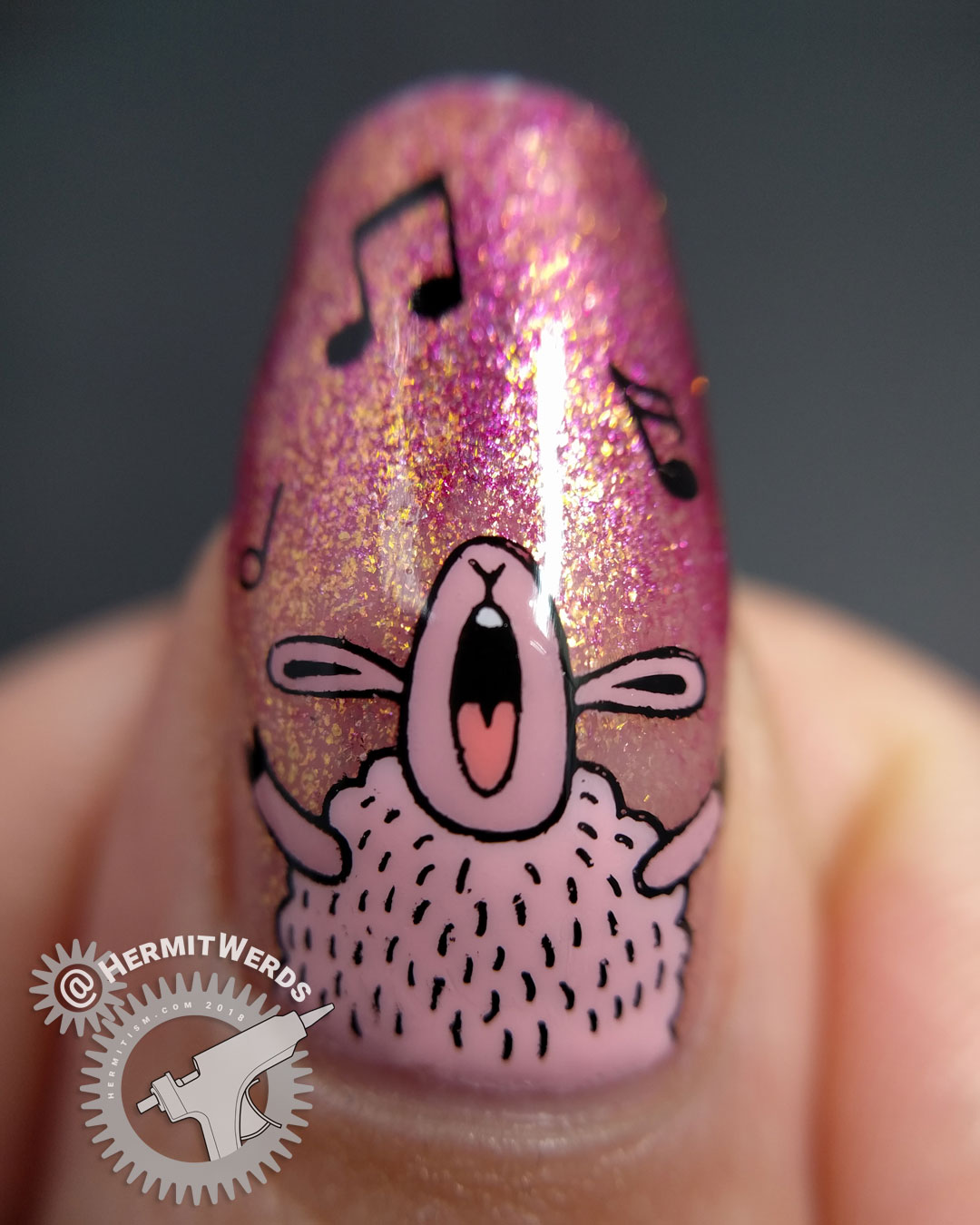 Christmas Carolers - Hermit Werds - nail art of a pig, a pug (dog), two cats, and a sheep singing Christmas carols against a shimmery background in purple to orange to raspberry tones