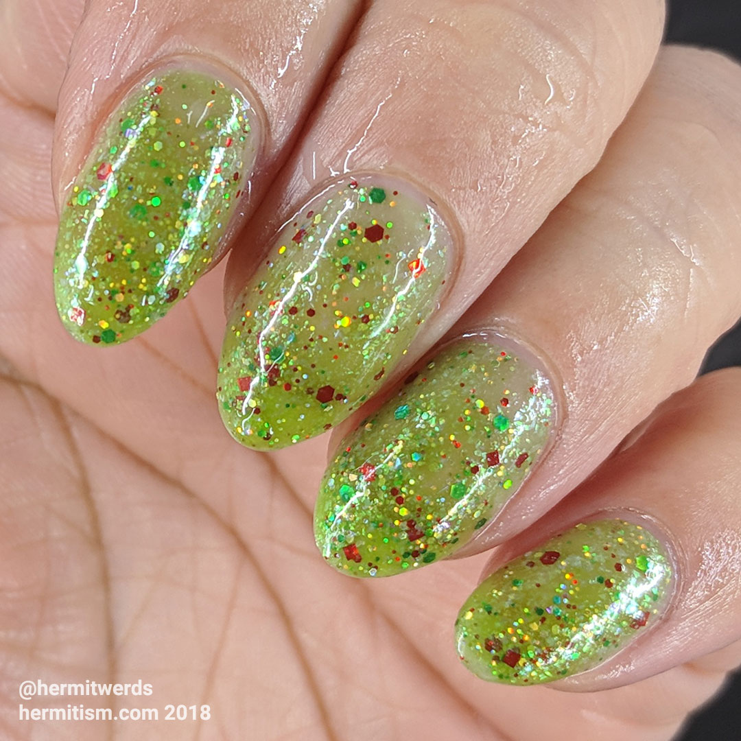 Shinespark Polish's O' Christmas Tree - Hermit Werds - a red and green glittery thermal Christmas polish swatch
