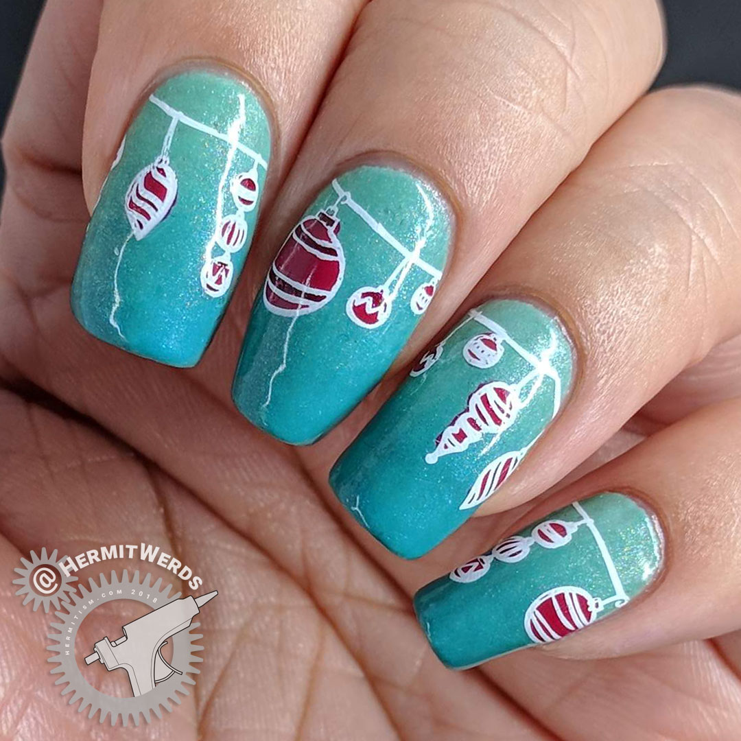 Peppermint Baubles - Hermit Werds - shimmery mint gradient behind nail stamping decals of peppermint-colored Christmas ornaments