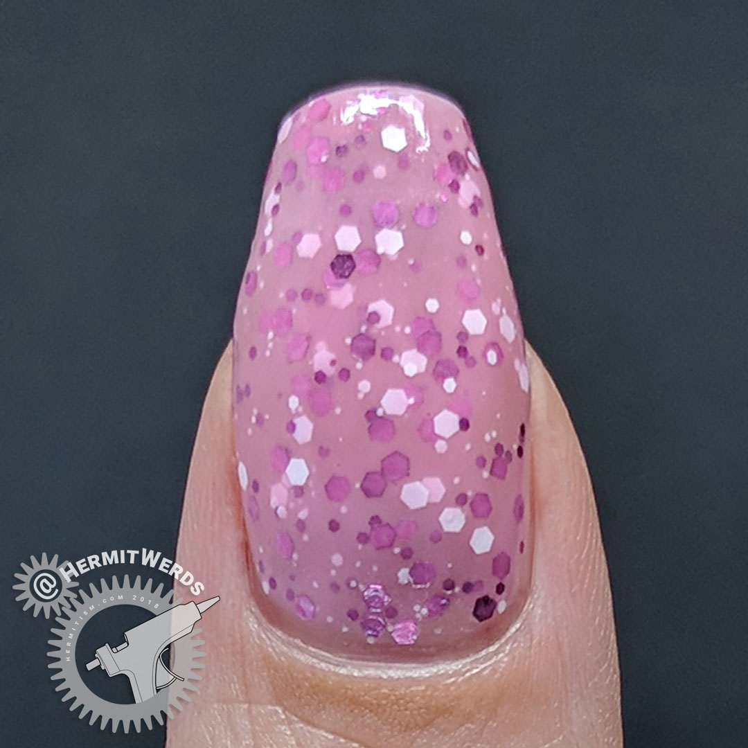 Sinful Colors' "Flower Power" - Hermit Werds - swatch of pink crelly with pink and white glitter