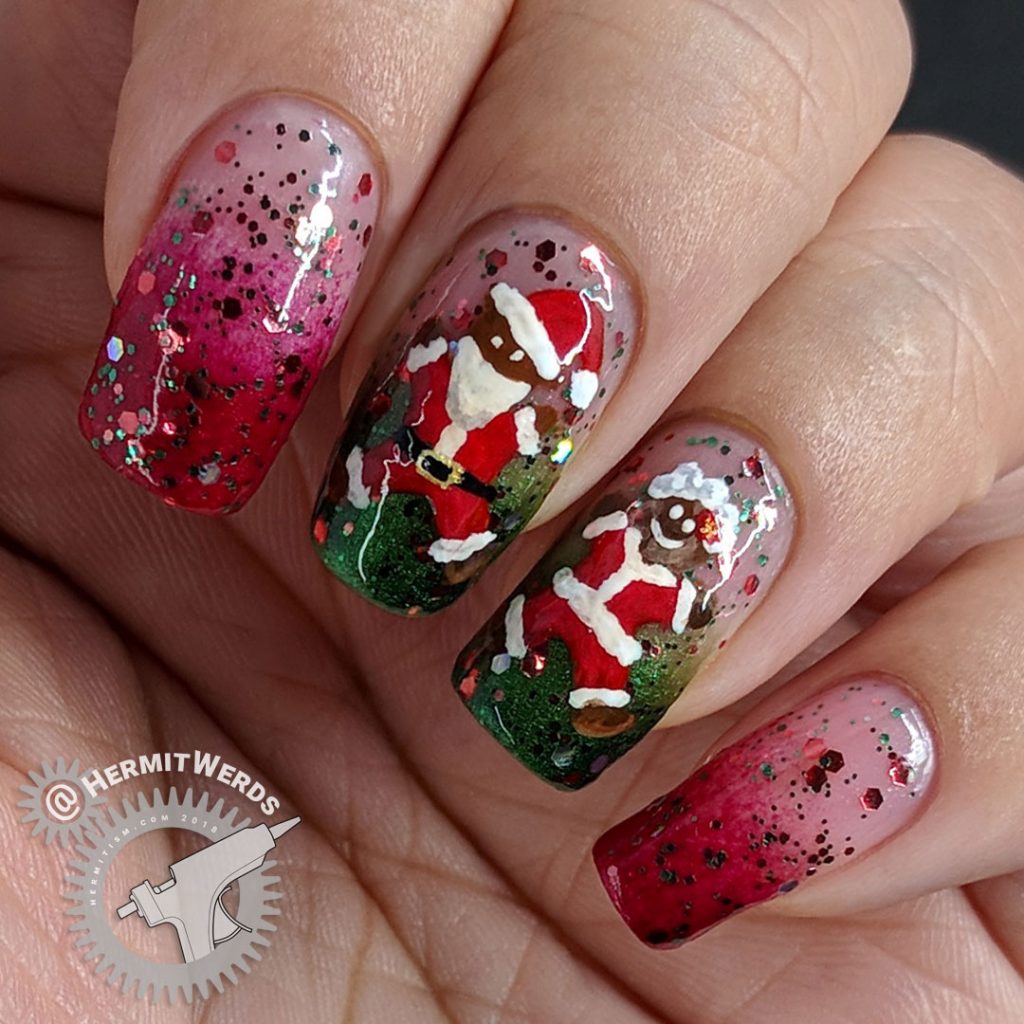 Santa Cookie - Hermit Werds - glittery red and green baby boomer french tip nails decorated with gingerbread Santa, Mrs. Clause, and Rudolph cookies