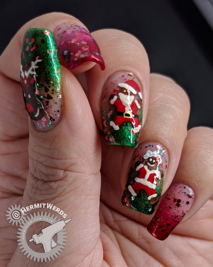 Santa Cookie - Hermit Werds - glittery red and green baby boomer french tip nails decorated with gingerbread Santa, Mrs. Clause, and Rudolph cookies