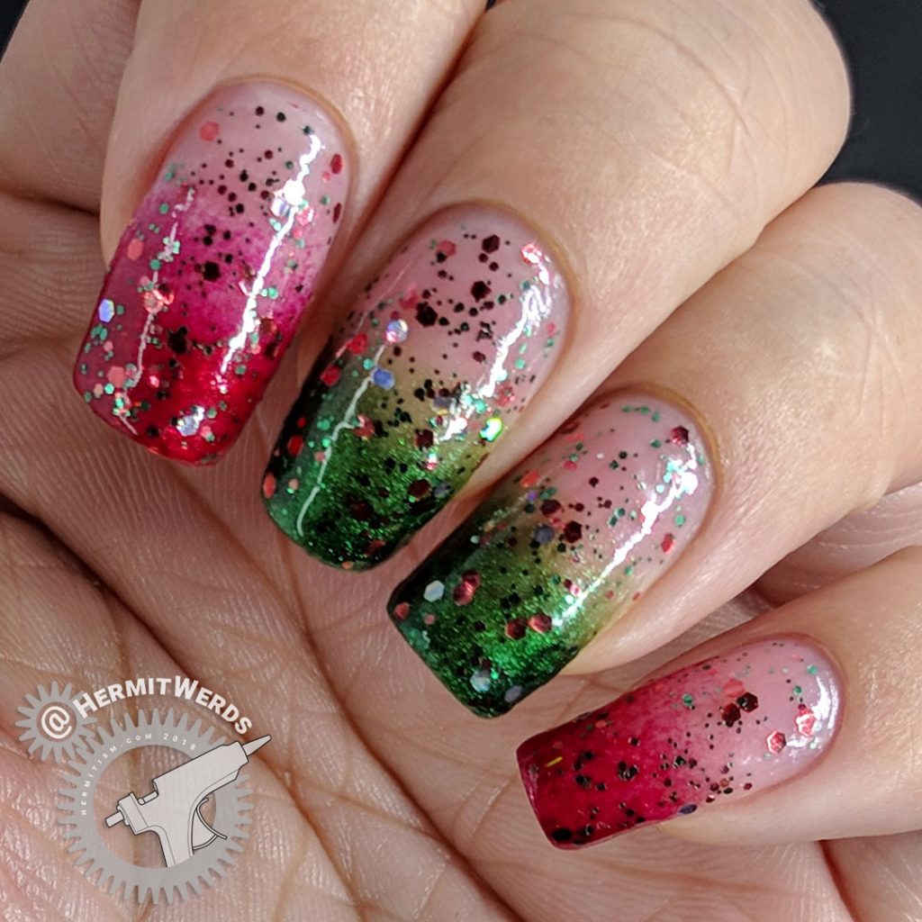 Christmas-y Baby Boomer French Tips - Hermit Werds - glittery red and green baby boomer french tip nails