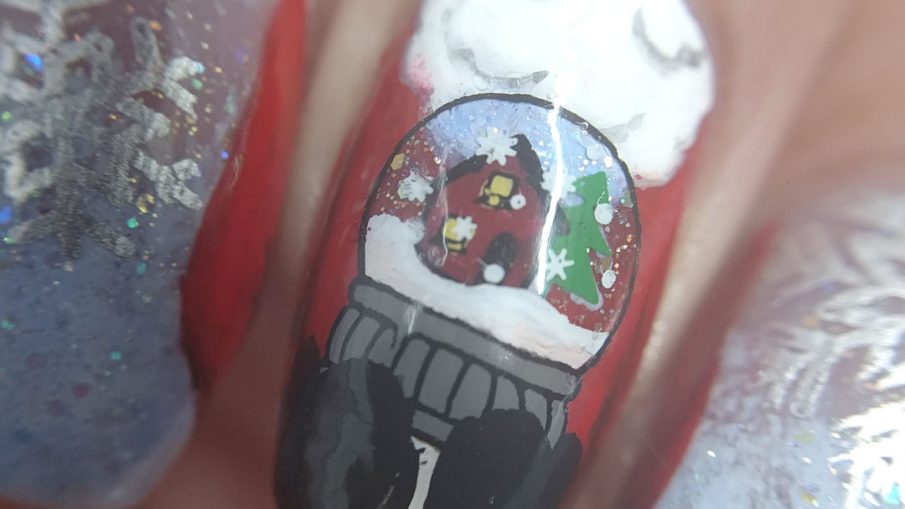 Santa's Coming to Town - Hermit Werds - Santa cradling a snow globe with a snowy home scene in mitten-ed hands