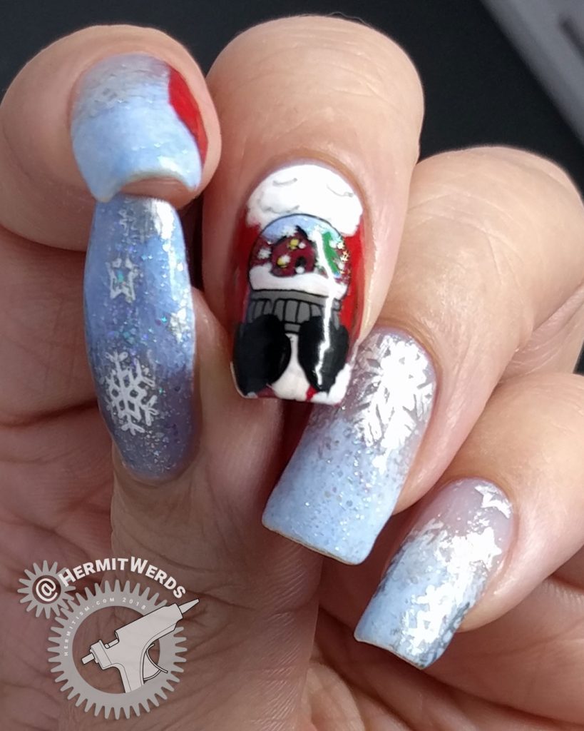 Santa's Coming to Town - Hermit Werds - Santa cradling a snow globe with a snowy home scene in mitten-ed hands