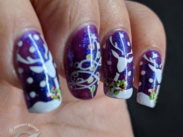 Vixen's Tree of Lights - Hermit Werds - nail art featuring reindeer wearing festive Christmas wreathes and a Christmas tree made of string lights on a shimmery purple and blue background