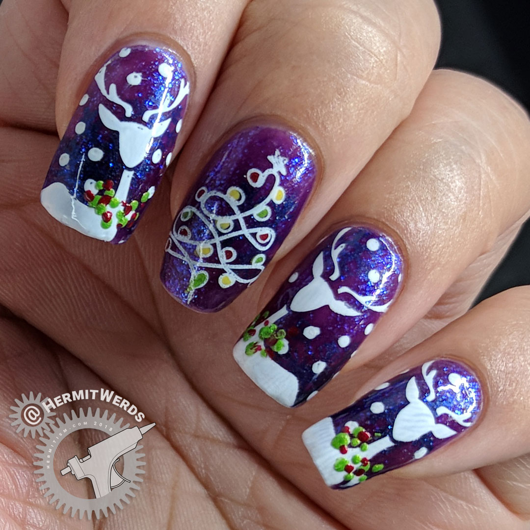 Vixen's Tree of Lights - Hermit Werds - nail art featuring reindeer wearing festive Christmas wreathes and a Christmas tree made of string lights on a shimmery purple and blue background