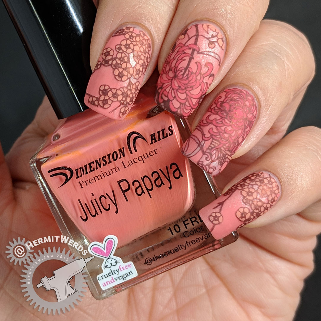 Coral Chrysanthemum - Hermit Werds - coral monochrome nail art with an oriental pattern using Japanese chrysanthemum and cherry blossom stamping decals