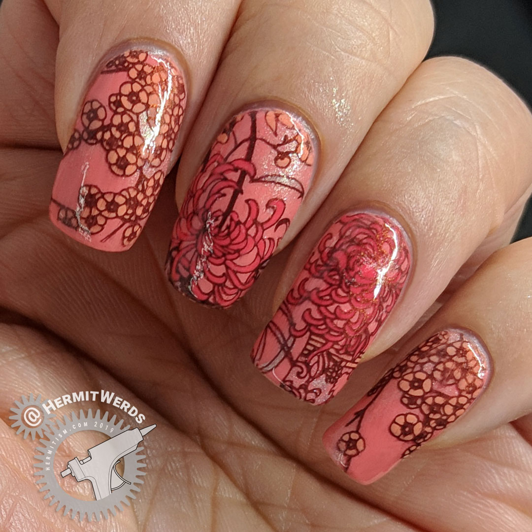 Coral Chrysanthemum - Hermit Werds - coral monochrome nail art with an oriental pattern using Japanese chrysanthemum and cherry blossom stamping decals