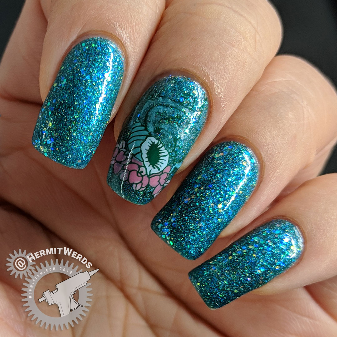 Glitter Conch - Hermit Werds - glittery teal nail art with a teal conch shell and flower stamping decal