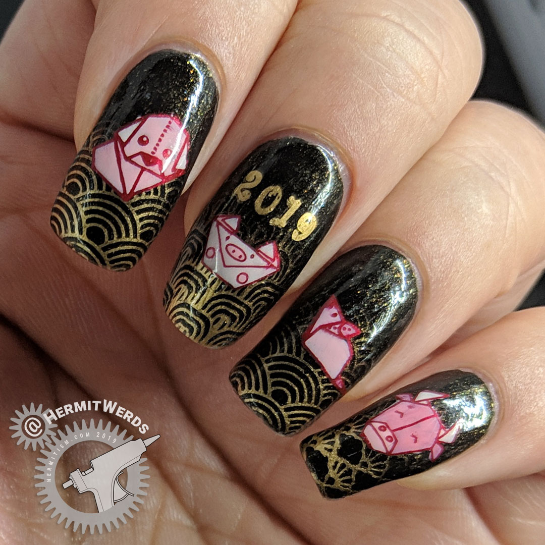 Origami Zodiac - Hermit Werds - black and bronze nail art with stamped baby boomer french tips and origami zodiac animals for the year of the rooster, dog, pig, rat, and ox