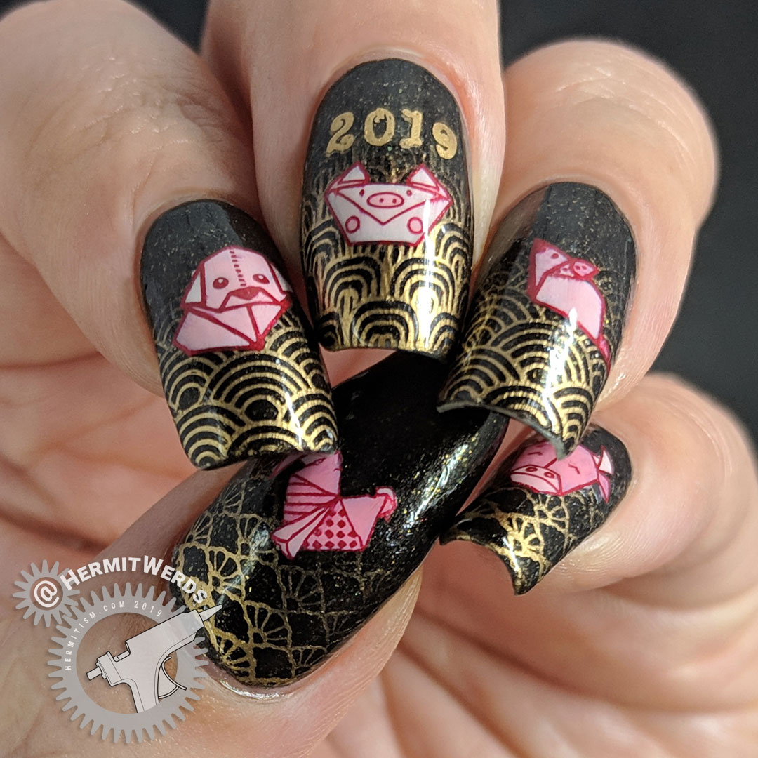 Origami Zodiac - Hermit Werds - black and bronze nail art with stamped baby boomer french tips and origami zodiac animals for the year of the rooster, dog, pig, rat, and ox