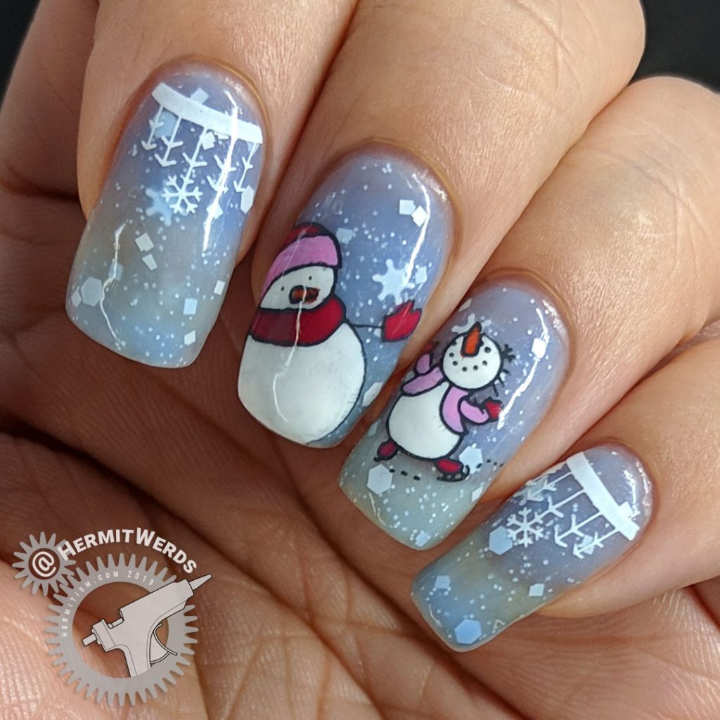 Snowman Wonderland - Hermit Werds - blue thermal snowflake crelly with snowmen stamping decals on top, including a skating snowman