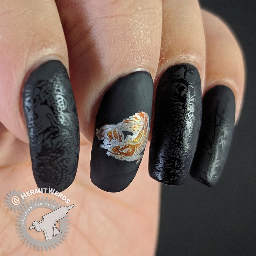 The Fishery - Hermit Werds - matte black nail art with a golden koi fish and glossy stamping